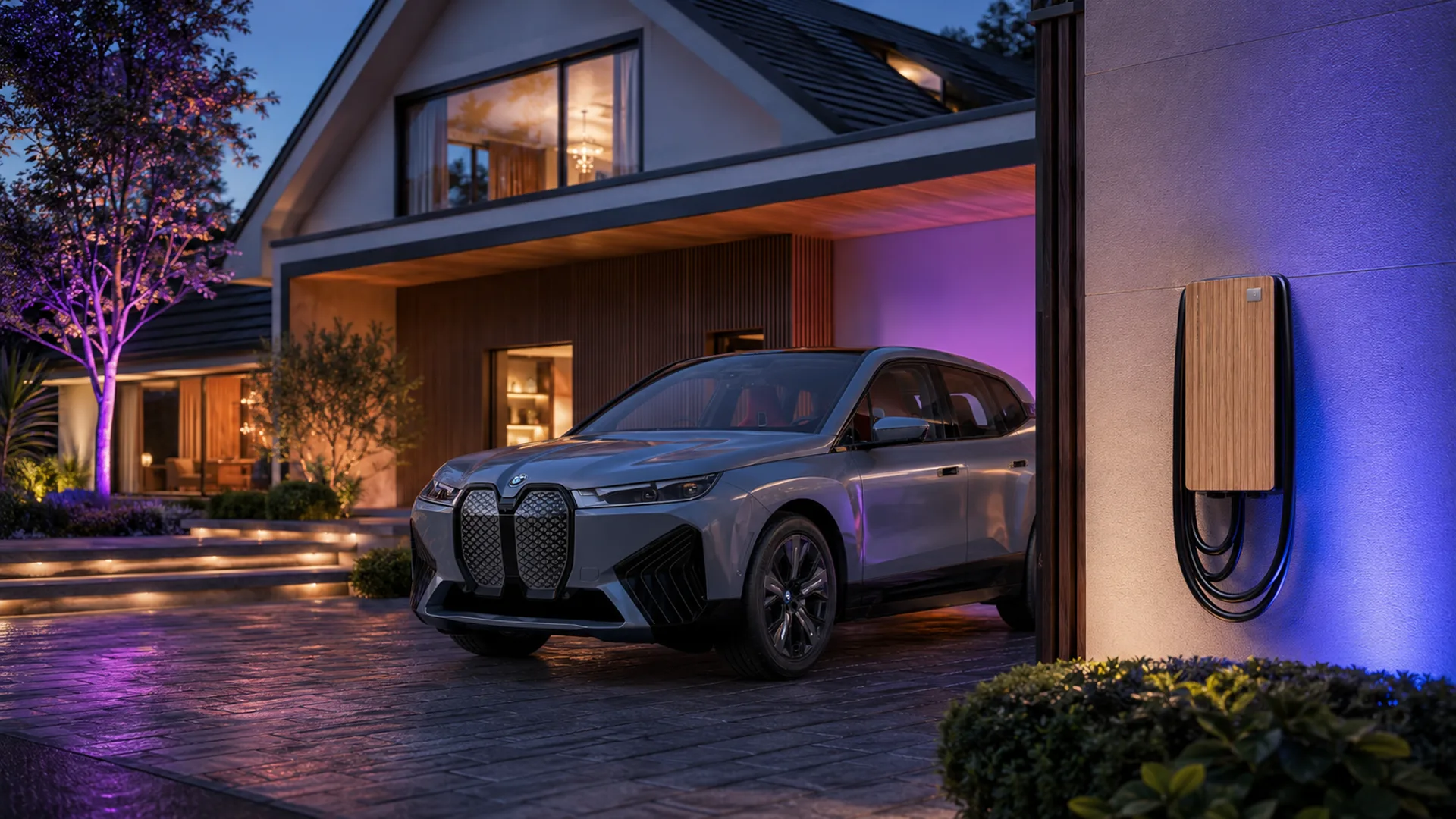 An electric SUV parked on a driveway at dusk beside a wood-fronted home EV charger