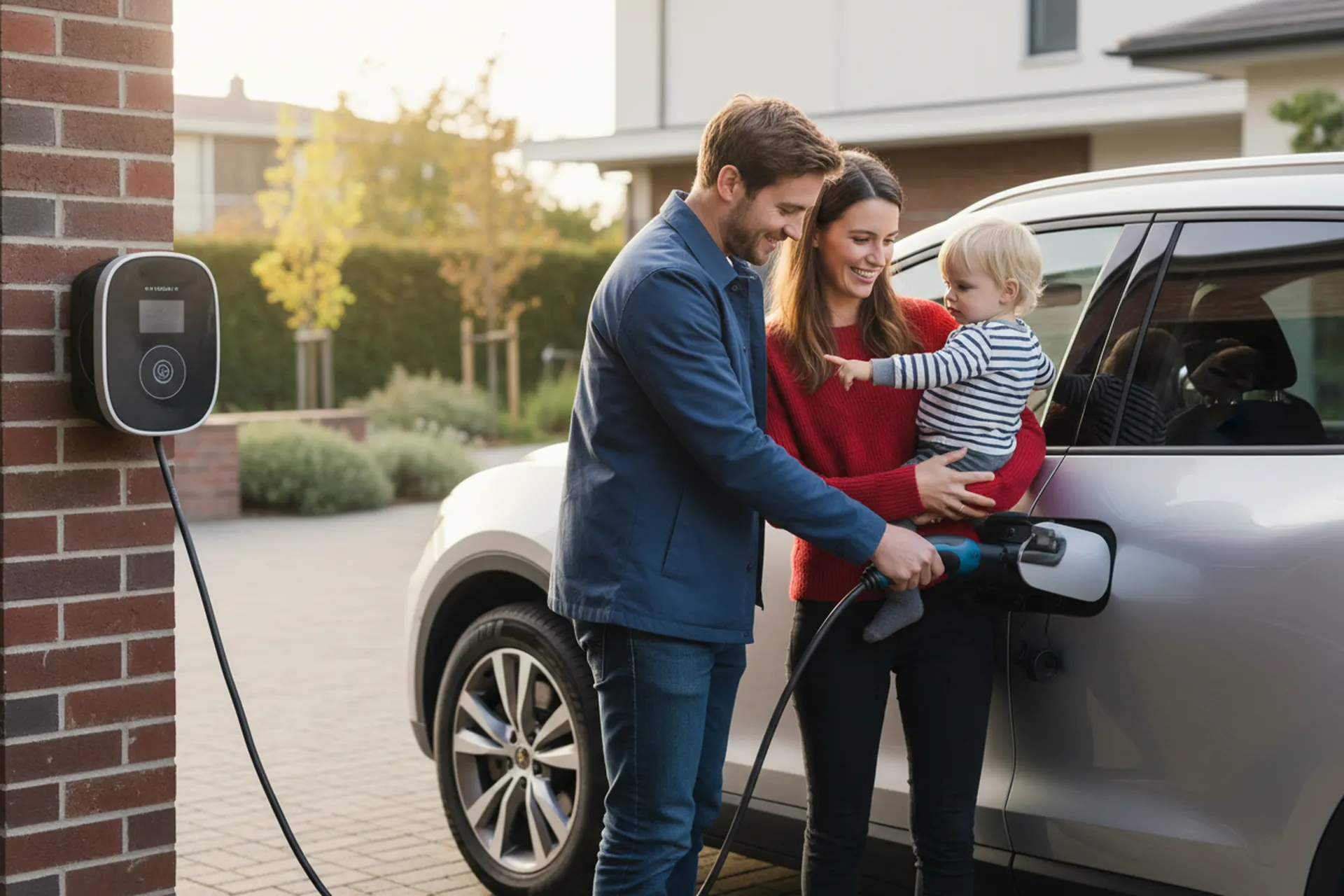 A family at home beside their electric car while it charges on the driveway