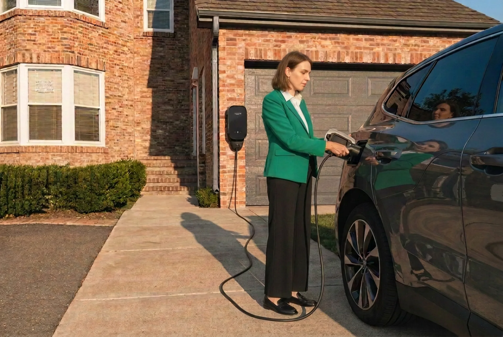 A woman plugging a charging cable into her electric car on the driveway at home